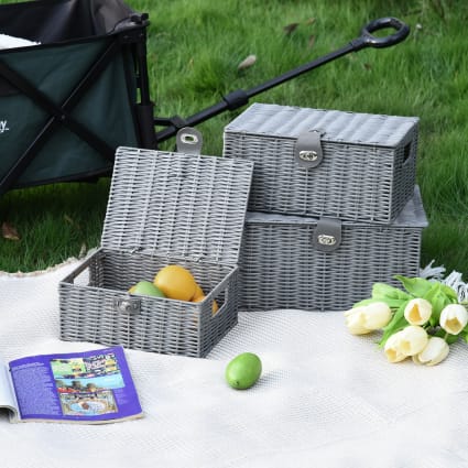 Il Numero 1 Del Risparmio-SET DI 3 CESTI IN VIMINI PP CON Coperchio Di Diverse Dimensioni Grigio - Foto 4