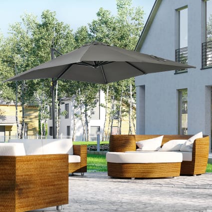 Parasol Déporté XXL Inclinable Outsunny - 4,45 X 2,7 M, Toile Polyester 180 G/m², Pied En Croix Inclus - Beige
