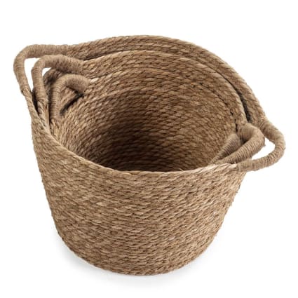 Set Di 3 Cestini In Fibra Naturale Con Manici, Blu/naturale IRIA