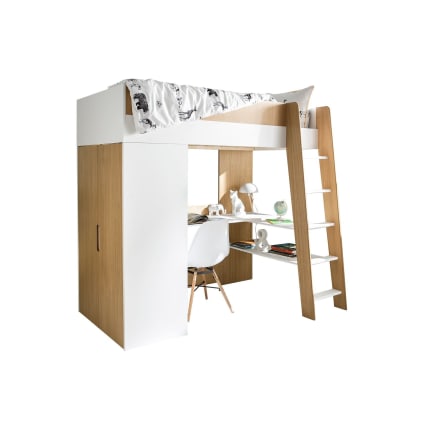 Lit Mezzanine 140×200 Cm Double Avec Bureau, Armoire, Escalier Et Rangements Intégrés, Bois Blanc - Lit