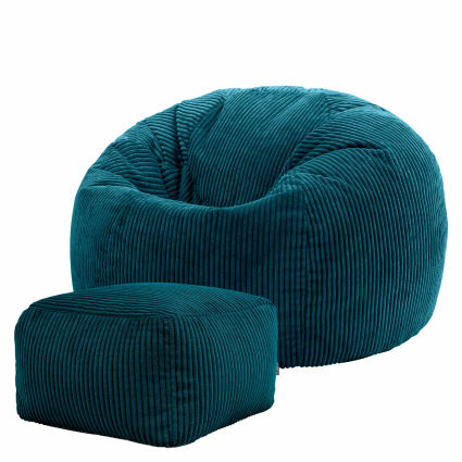 Pouf avec repose-pied carré velours côtelé bleu canard Kingston | Maisons du Monde