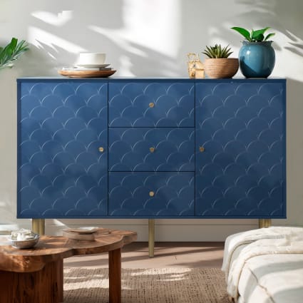 Cabinet Élégant Bleu Marine avec Motifs Écailles et Pieds Dorés