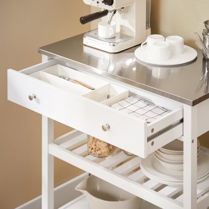 Desserte De Cuisine Rétro Sur Roulettes - 2 Tiroirs + 2 étagères - Plateau En Bois Clair - Style Campagne - 9