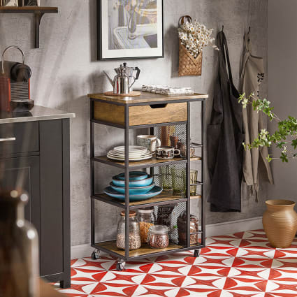 Carrello Cucina Compatto Con Cestello Estraibile – Struttura MDF E Metallo, Ruote Con Freno, Due Misure Disponibili (nero)