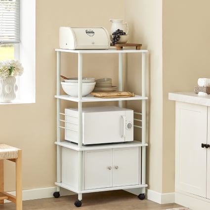 Étagère Micro-ondes 2 Niveaux Avec Tiroir - 54x35x50 Cm - Bois Et Blanc - Pour Cuisine, Appartement, Petit Espace - 2