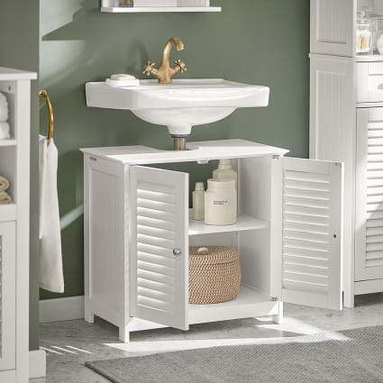 Mondeer Waschbeckenunterschrank 60x60x30 Cm – Weißer Badezimmerschrank Mit 2 Lamellentüren & Stauraum