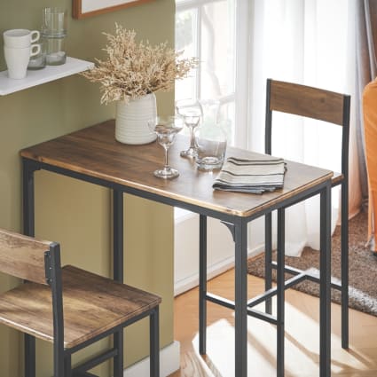 Tavolo da pranzo con sgabelli marrone e nero in metallo e mdf