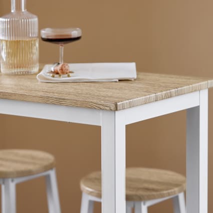 Set Mesa Alta De Bar Con 2 Taburetes - 108x48x91 Cm, Tablero Natural Y Estructura Blanca, Ideal Para Cocinas Pequeñas