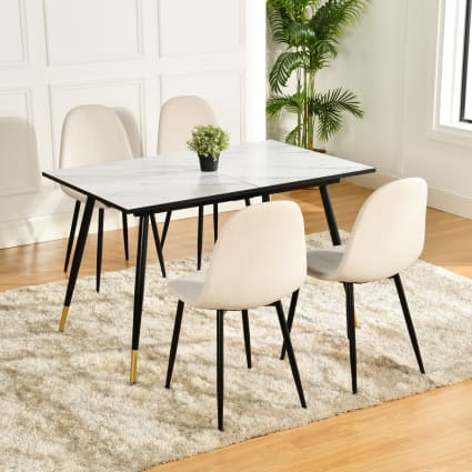 Table à Manger Blanche Extensible 120 à 160 Cm - Plateau Imitation Marbre, Pieds En X En MDF Et Métal