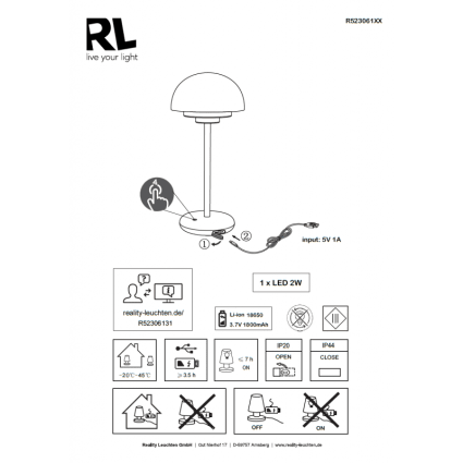 Reality, Lampe De Table, Elliot Incl. 1 X LED,SMD,2,0 Watt,3000K,180 Lm. Corps: Plastique, Noir Mat :13,5cm, H:30,0cm Interrupteur Tactile 4 Niveaux