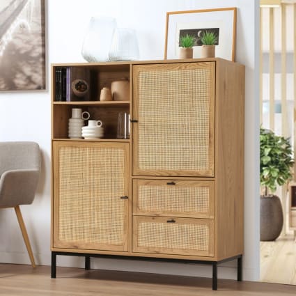 Aparador De Ratán Con 6 Cajones - Madera 130x40x75 Cm, Natural Y Negro | Cómoda Para Dormitorio, Pasillo, Almacenaje
