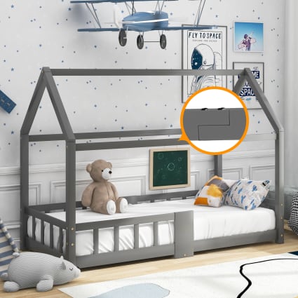 Lit Enfant 90x190 Cm En Bois Massif Avec 2 Tiroirs - Sommier à Lattes - Couleur Gris
