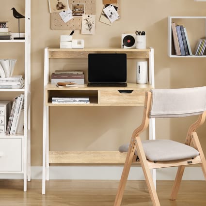 HOMCOM Bureau Secrétaire Style Néo-Rétro – Bureau Informatique Avec Tiroir, Niche & Étagère, Aspect Chêne Clair Et Métal Blanc, Idéal Chambre, Salon Ou Coin Travail