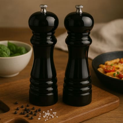 Set Saliera E Pepiera In Vetro E Acciaio Inox Con Supporto Nero - 2 Pezzi Con Coperchi A Vite S E P