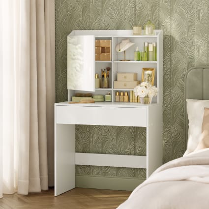 Coiffeuse avec miroir à LEDs avec 3 tiroirs et armoire latérale