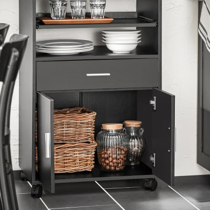 Carrello Portatile Per Microonde Con Ruote E Cestino - Supporto Multifunzione Per Cucina, Ufficio, Camera Da Letto, Nero