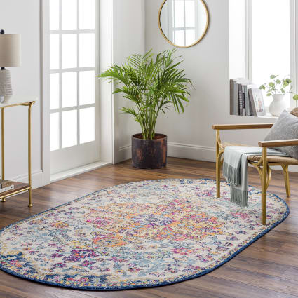 Tappeto Ovale Orientale Moderno 140x200 Cm – Design Mare Blu Verde Oro, Pelo Corto Lavabile