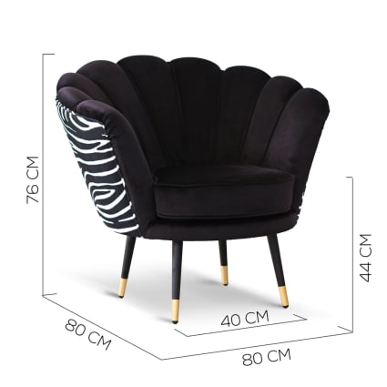 Poltrona in velluto nero e microfibra zebrata, gambe nere ottone