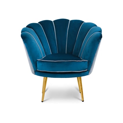 Poltrona in velluto blu petrolio e tessuto pied de poule, gambe