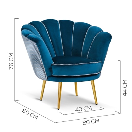 Poltrona in velluto blu petrolio e tessuto pied de poule, gambe