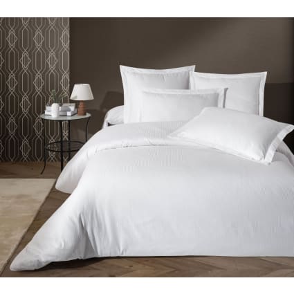 Linnea Copripiumino 300x240 Cm In Percalle Di Cotone Puro - Reversibile Con Piume E Nastri, Bianco Lino E Grigio, Made In France