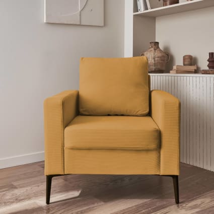 Fauteuil Scandinave Vintage En Velours Côtelé Moutarde - Structure Bois, Design Rétro