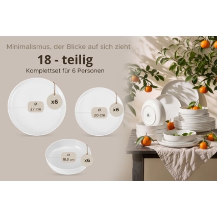 Tafelservice 6 Personen 18-tlg aus Keramik, weiß Victo