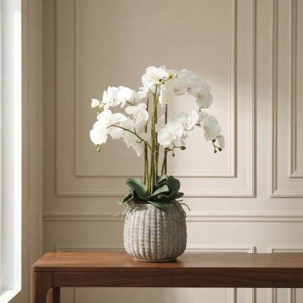 Fleurs artificielles d'orchidée blanche de 40,6 cm avec vase en céramique pour la maison, le bureau, la décoration d'intérieur