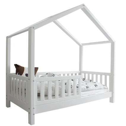 Lit Cabane Enfant 90x190cm Blanc Et Naturel - Design Maison, Barrière De Sécurité Et Structure En Pin Renforcé