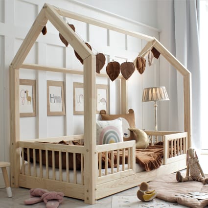 Lit Maison Montessori CADANI Malte 90x200 Cm - Lit Au Sol Enfant Avec Barrière, Bois Massif, Blanc