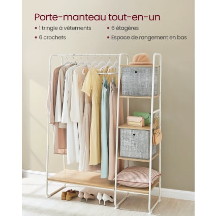 Porte-manteau Mural Avec étagère - 5 Crochets Dissimulés, Bois Et Fer Blanc, Dimensions 43.5x8x7.7 Cm - 12
