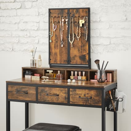 Ensemble De Coiffeuse Grise Avec Armoire De Rangement, Lumières 3 Couleurs, Tabouret Et Miroir Rond – Parfait Pour La Décoration D'une Chambre Ou D'un Dressing