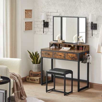 Ensemble de coiffeuse vintage en bois massif avec miroir et tabouret – Coiffeuse vintage avec tiroirs – Bureau de maquillage pour chambre à coucher – Ensemble de coiffeuse durable et robuste Ensemble de coiffeuse vintage en bois massif avec miroir et tabouret – Coiffeuse vintage avec tiroirs – Bureau de maquillage pour chambre à coucher – Ensemble de coiffeuse durable et robuste