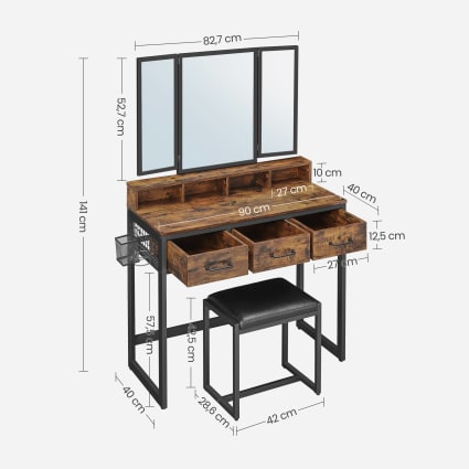 Coiffeuse Avec Miroir Et Tabouret – 7 Tiroirs, Miroir Rotatif, 3 Lumières LED Réglables, Noyer, Armoire à Gauche