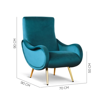 Poltrona design vintage in velluto petrolio gambe oro Miss