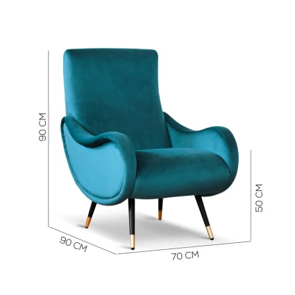 Poltrona design vintage in velluto blu petrolio e gambe nere