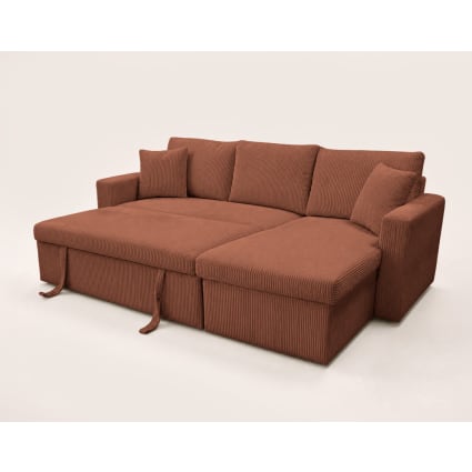 Canapé Panorama En U Convertible 7 Places Avec Coffre - Velours Côtelé Terracotta - Grand Sofa XXL Pour Salon Spacieux