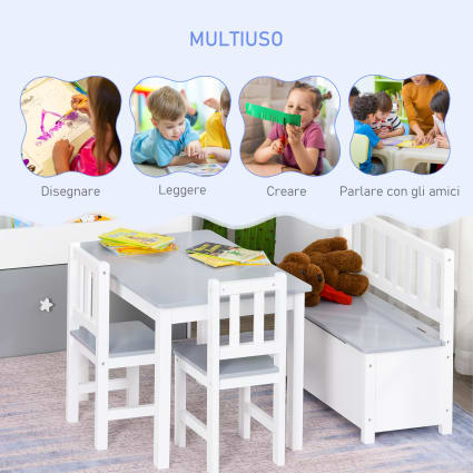 Set Tavolo Per Bambini Con 2 Sedie E Cassapanca In Legno Per Cameretta Bianco E Grigio 297645