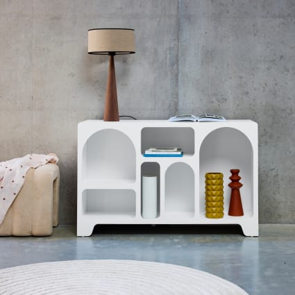 Buffet Design Blanc 6 Compartiments En MDF 110x30x70cm - Meuble De Rangement Ouvert Pour Salon, Entrée