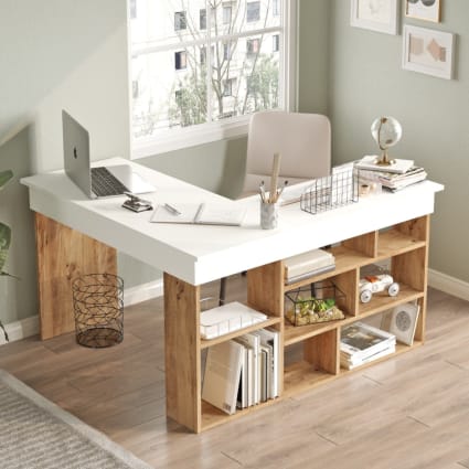 Bureau D'Angle ESituro 118×100 Cm Blanc – Bureau En L Avec Étagères, 2 Plateaux, Grande Capacité