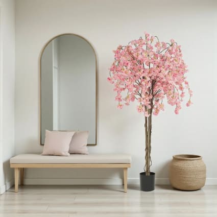 Arbre En Fleurs De Cerisier Rose Artificiel Avec Tronc Naturel Et Pot En Plastique - Hauteur 1