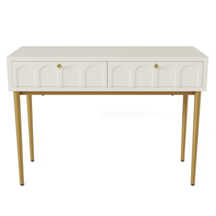 Coiffeuse avec 2 tiroirs blanc structure et poignée dorée 100x45cm