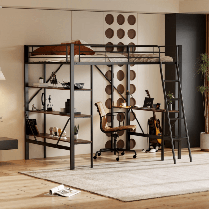 Letto a soppalco in metallo nero con scrivania e ripiani 90x200 cm