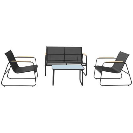 Salon Jardin 4 Pièces Bealife - 3 Fauteuils Et Table Verre - Métal Et Textilène Noir - Pour Terrasse