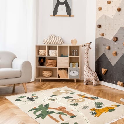 Kinderteppich aus Baumwolle in Beige mit Dschungelthema 100x150 cm