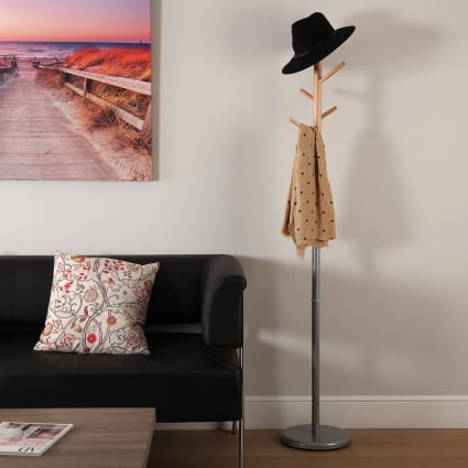 Perchero de pie para entrada o pasillo en metal y madera gris