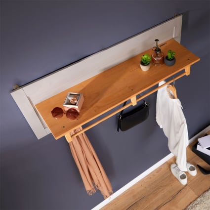 Produktbild von Wandgarderobe G17 Mit 4 Kleiderstangen, 5 Haken Und Holzablage Eiche Massiv Breite 85 Cm G17 800 Eiche