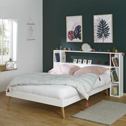 Tête De Lit Blanche + 2 Tables De Chevet Suspendues - Design Moderne & Bois Naturel | Fabriqué En Espagne