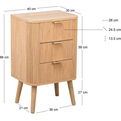 CARO-Möbel Comodino RAJA con 3 cassetti, comodino in legno Paulownia e treccia viennese, comodino in stile retrò, stile boho, colore: grigio