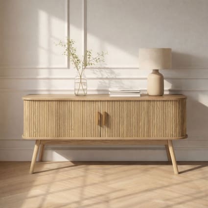 Meuble TV à roulettes avec 2 tiroirs et 2 portes coulissantes, Noir et bois | France